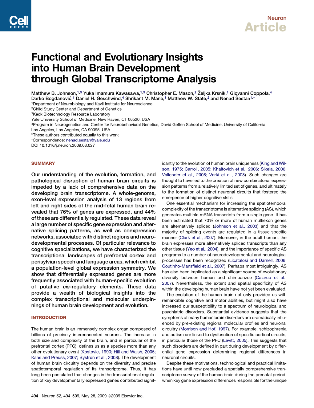 Functional and Evolutionary Insights Into Human Brain Development Through Global Transcriptome Analysis