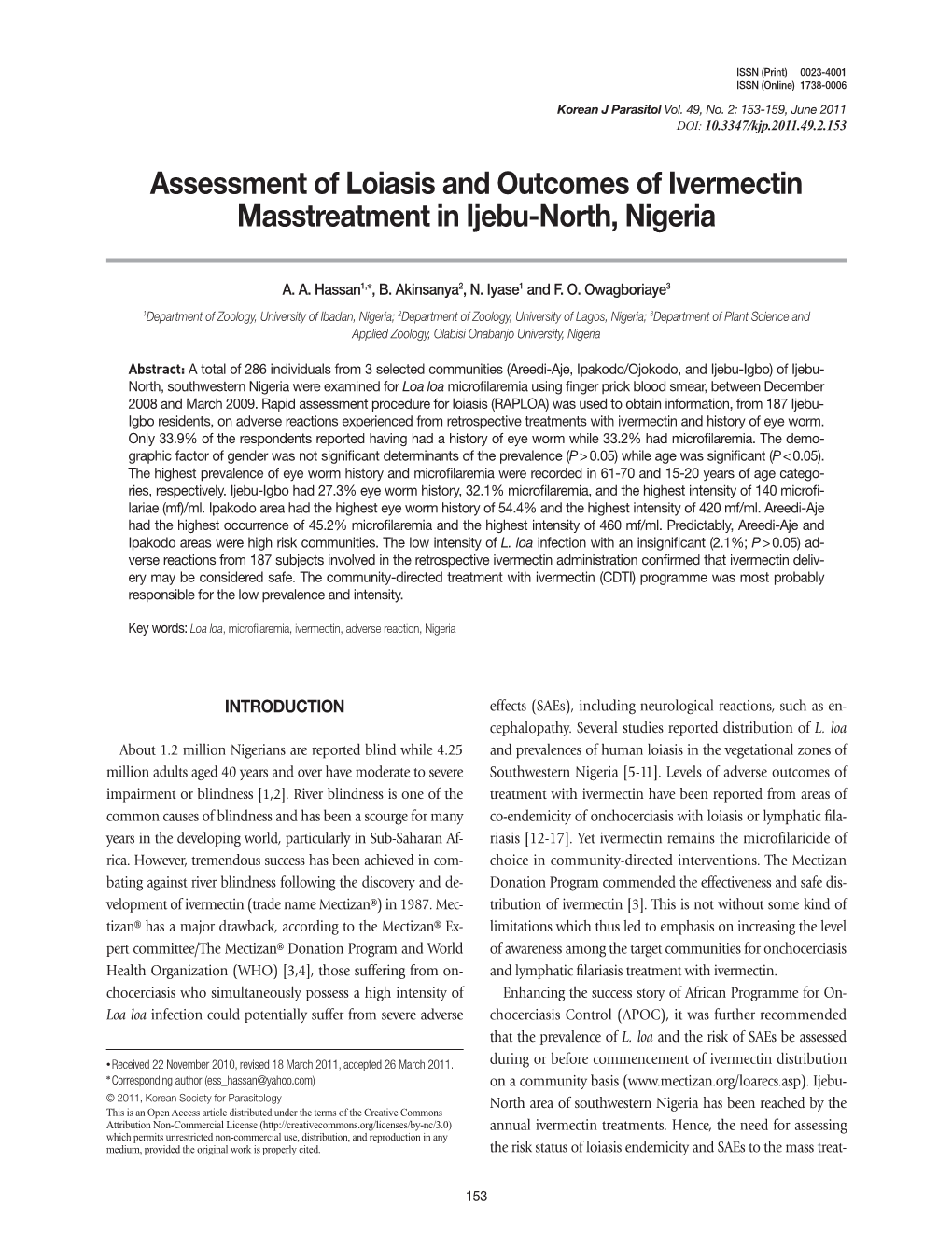 Assessment of Loiasis and Outcomes of Ivermectin Masstreatment in Ijebu-North, Nigeria