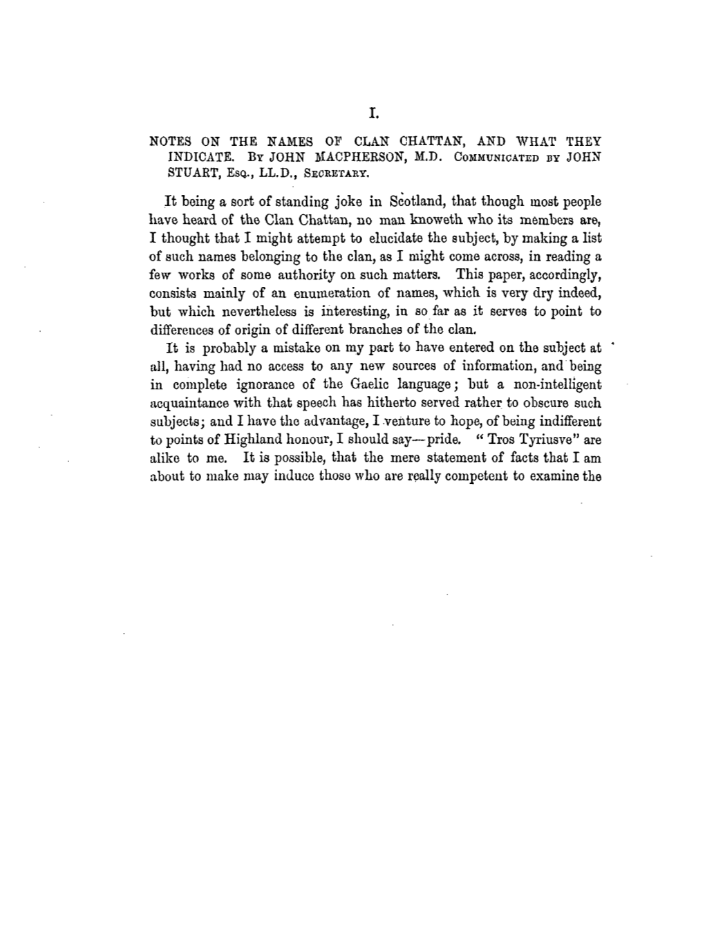 Notes on the Names of Clan Chattan, and What They Indicate Johy B .N Macpherson, M.D