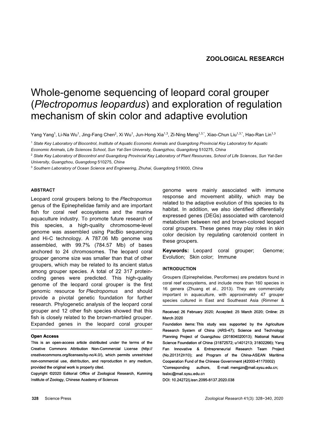 Whole-Genome Sequencing of Leopard Coral Grouper (Plectropomus Leopardus) and Exploration of Regulation Mechanism of Skin Color and Adaptive Evolution