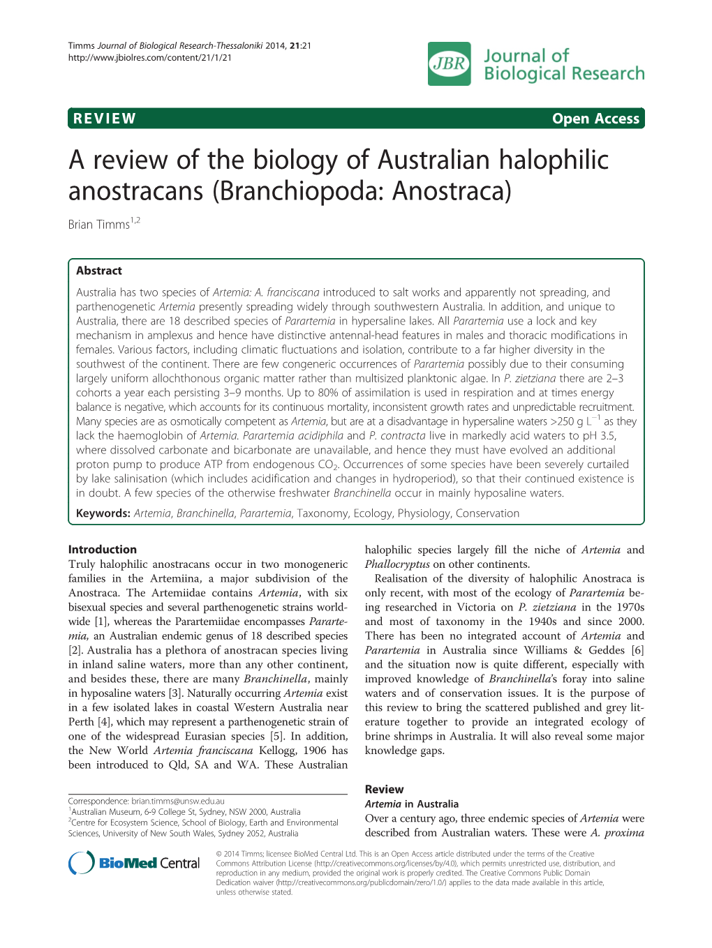 A Review of the Biology of Australian Halophilic Anostracans (Branchiopoda: Anostraca) Brian Timms1,2