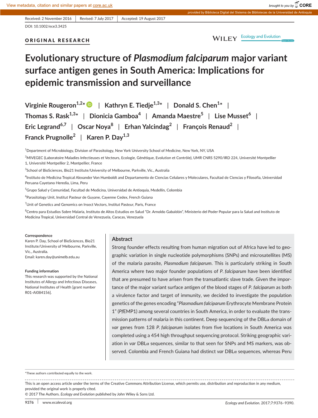 Evolutionary Structure of Plasmodium Falciparum Major Variant Surface Antigen Genes in South America: Implications for Epidemic Transmission and Surveillance