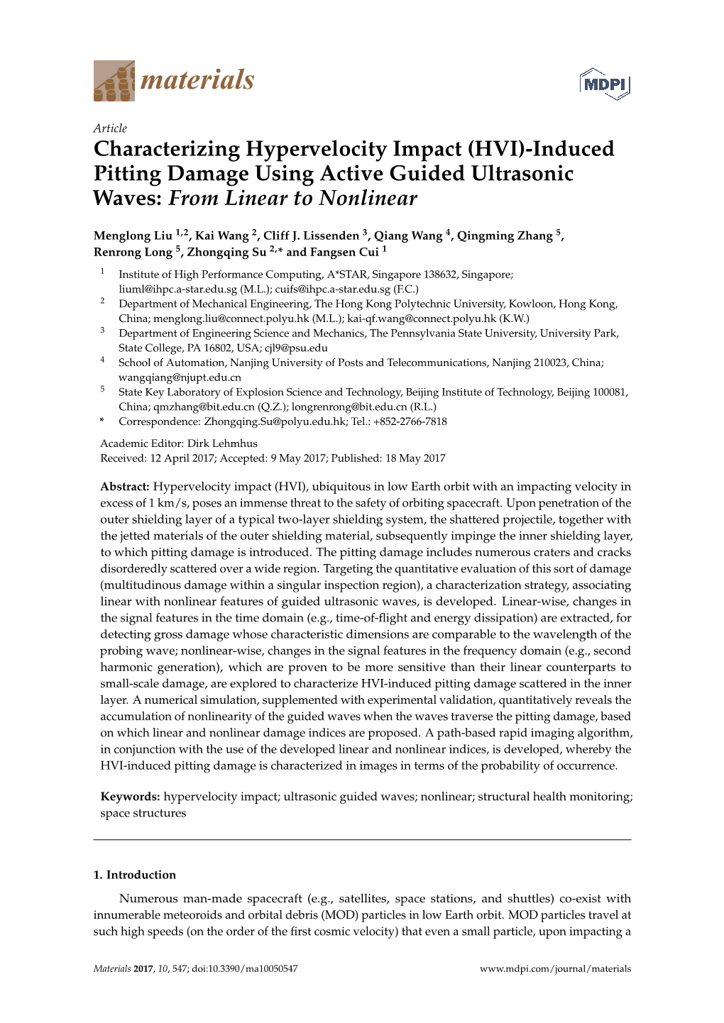 (HVI)-Induced Pitting Damage Using Active Guided Ultrasonic Waves: from Linear to Nonlinear