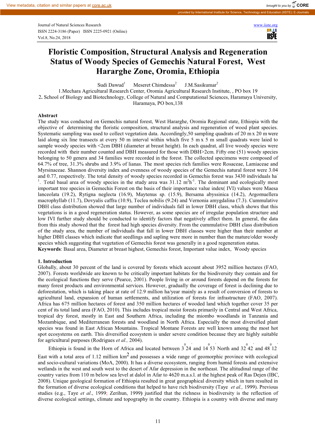 Floristic Composition, Structural Analysis and Regeneration Status of Woody Species of Gemechis Natural Forest, West Hararghe Zone, Oromia, Ethiopia
