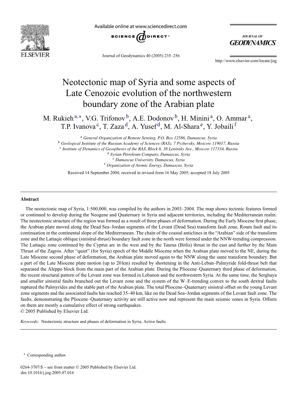 Neotectonic Map of Syria and Some Aspects of Late Cenozoic Evolution of the Northwestern Boundary Zone of the Arabian Plate M