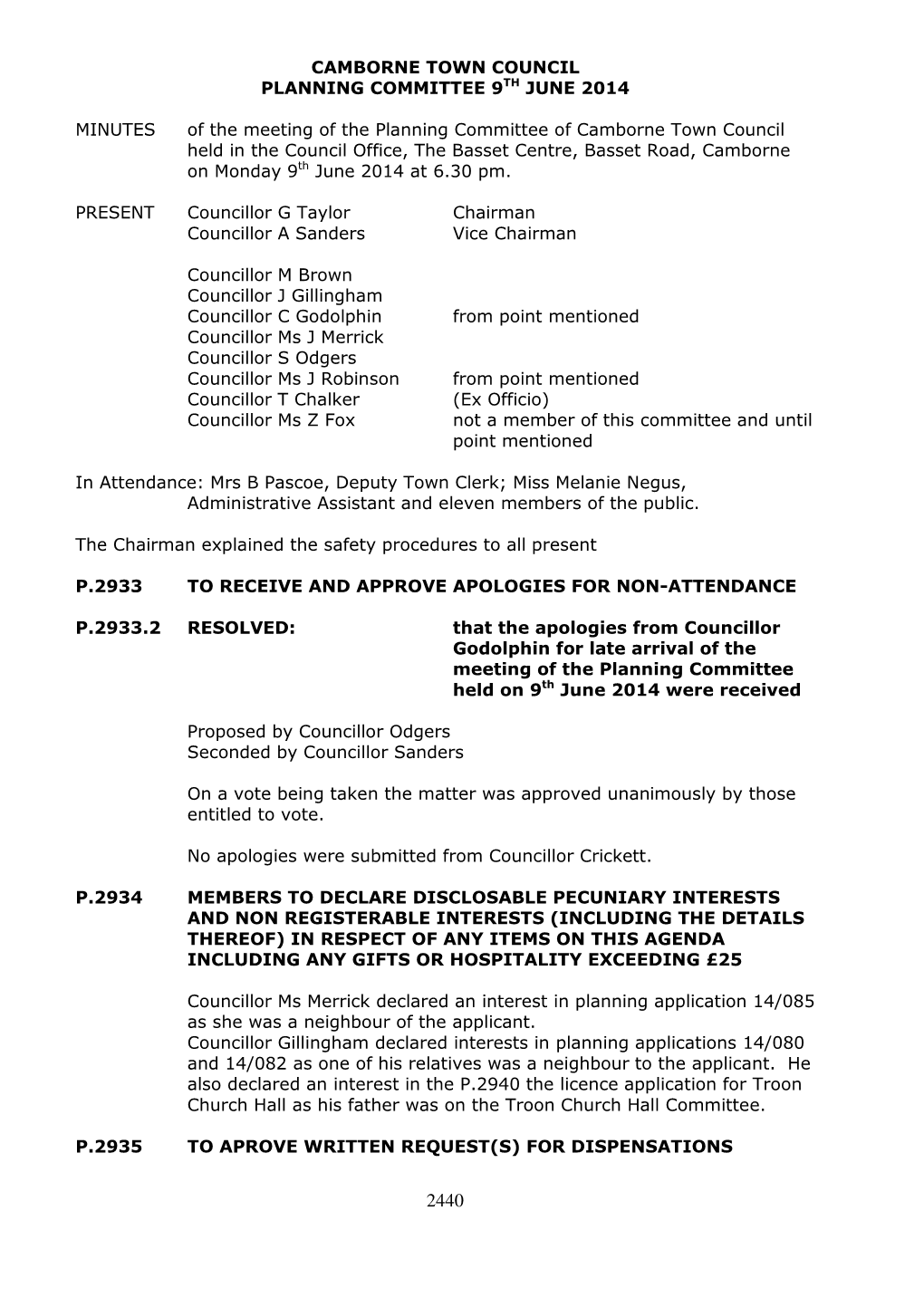 Camborne Town Council Planning Committee 9Th June 2014