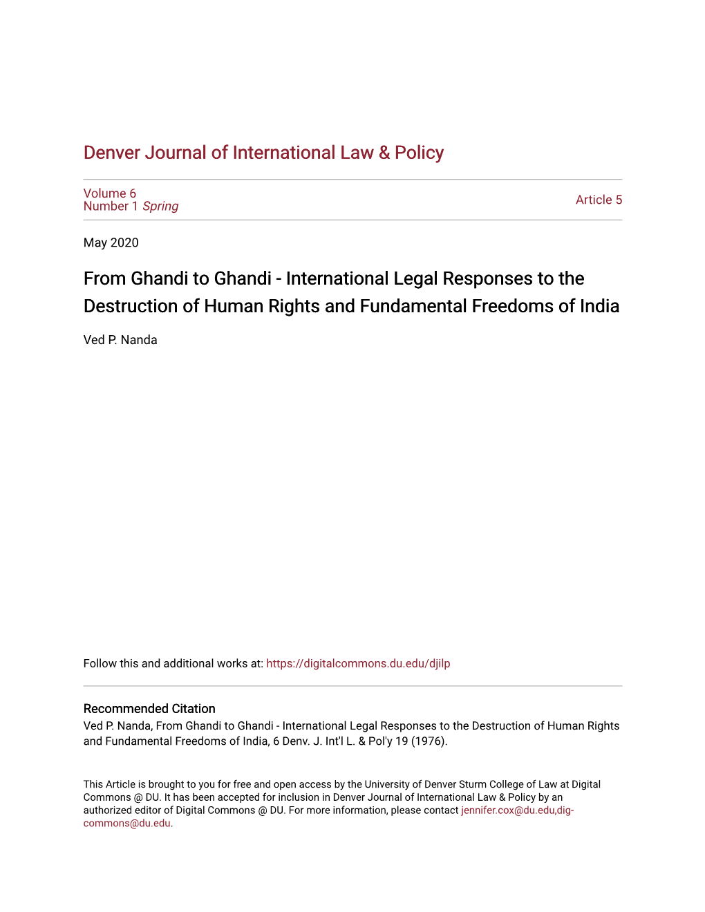 International Legal Responses to the Destruction of Human Rights and Fundamental Freedoms of India