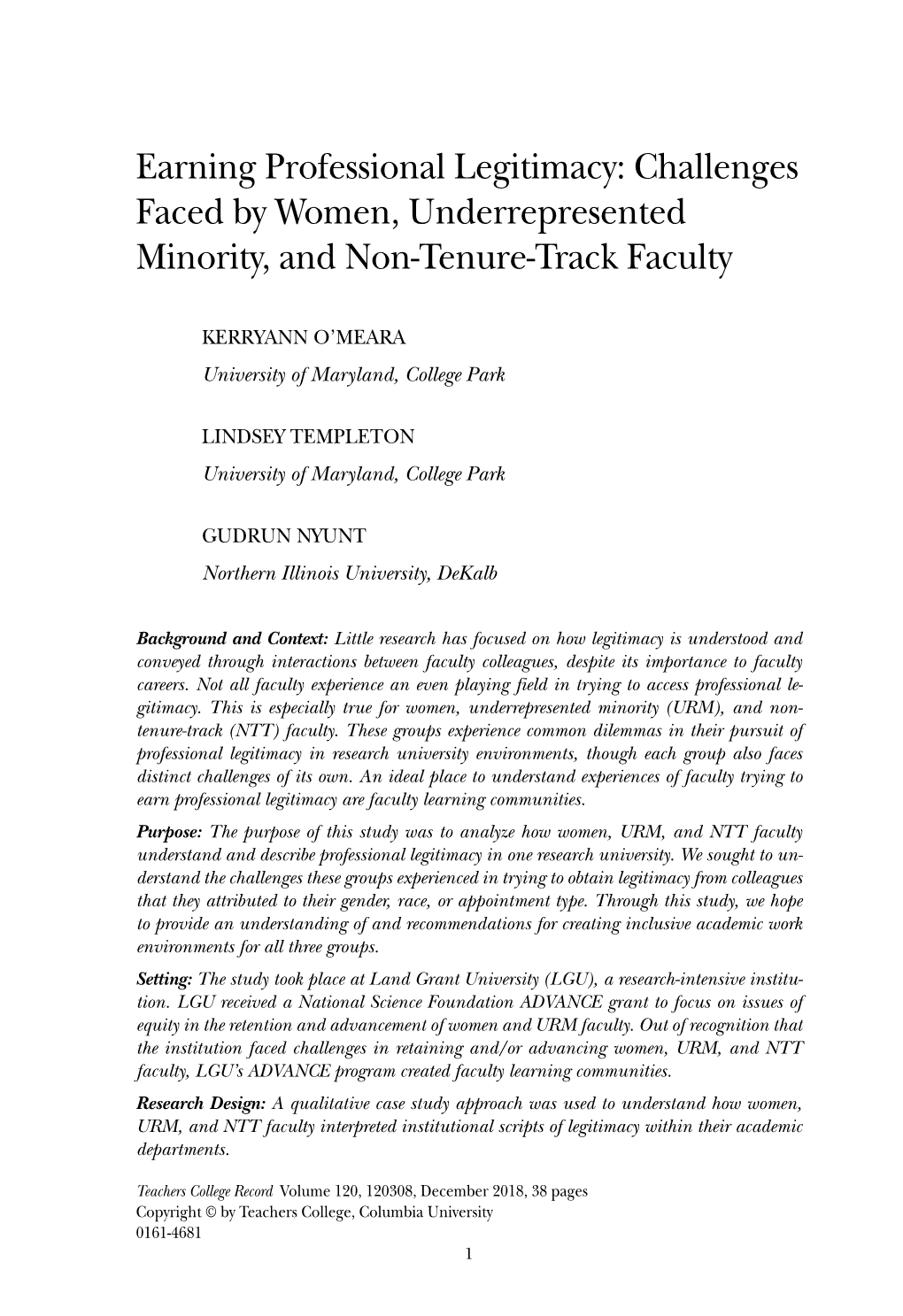 Earning Professional Legitimacy: Challenges Faced by Women, Underrepresented Minority, and Non-Tenure-Track Faculty