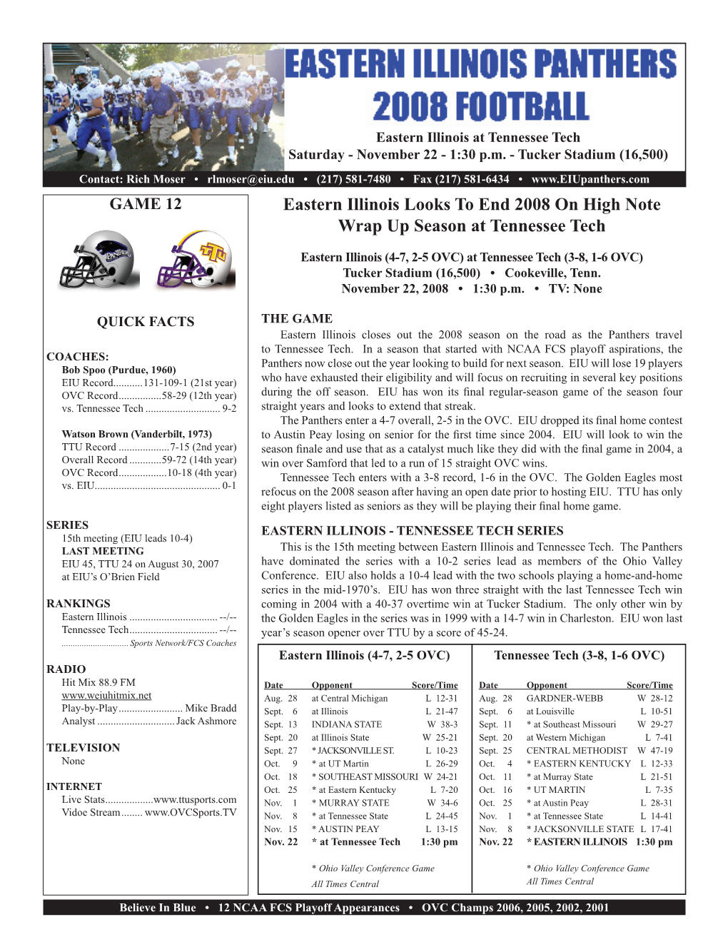 Eastern Illinois Looks to End 2008 on High Note Wrap up Season at Tennessee Tech