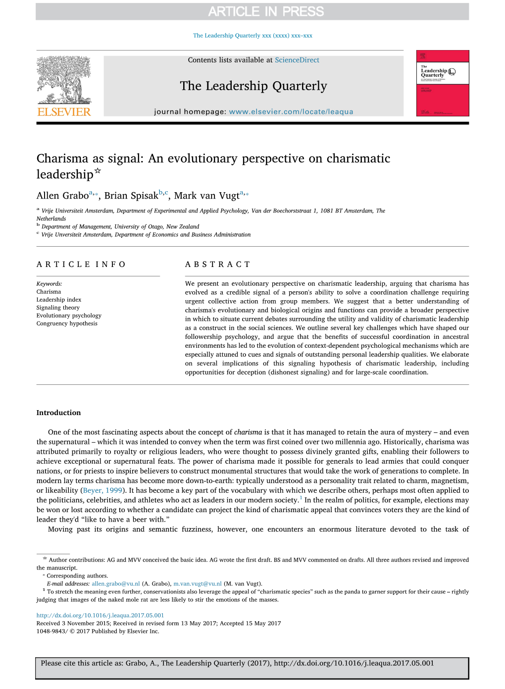 Charisma As Signal an Evolutionary Perspective on Charismatic Leadership