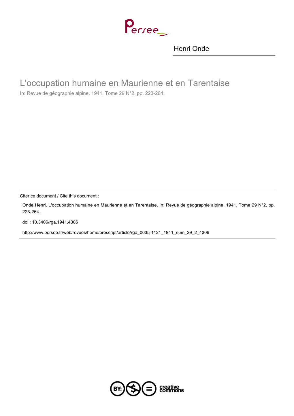 L'occupation Humaine En Maurienne Et En Tarentaise In: Revue De Géographie Alpine