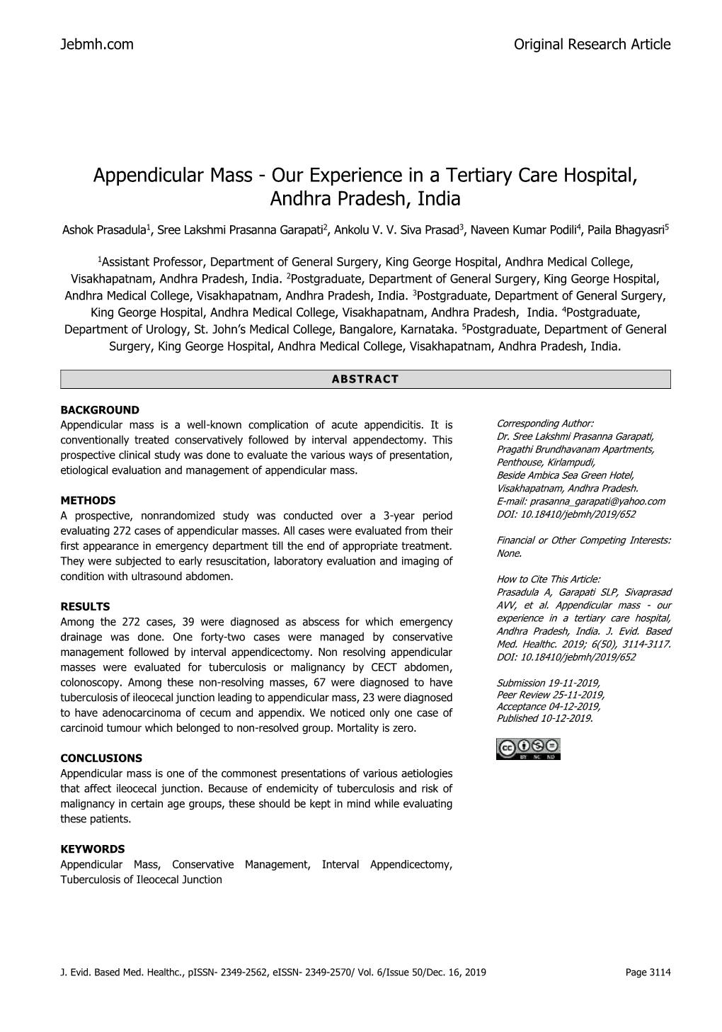 Appendicular Mass - Our Experience in a Tertiary Care Hospital, Andhra Pradesh, India