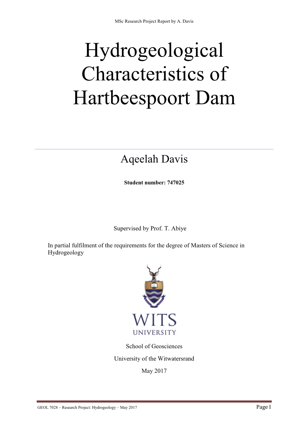 Hydrogeological Characteristics of Hartbeespoort