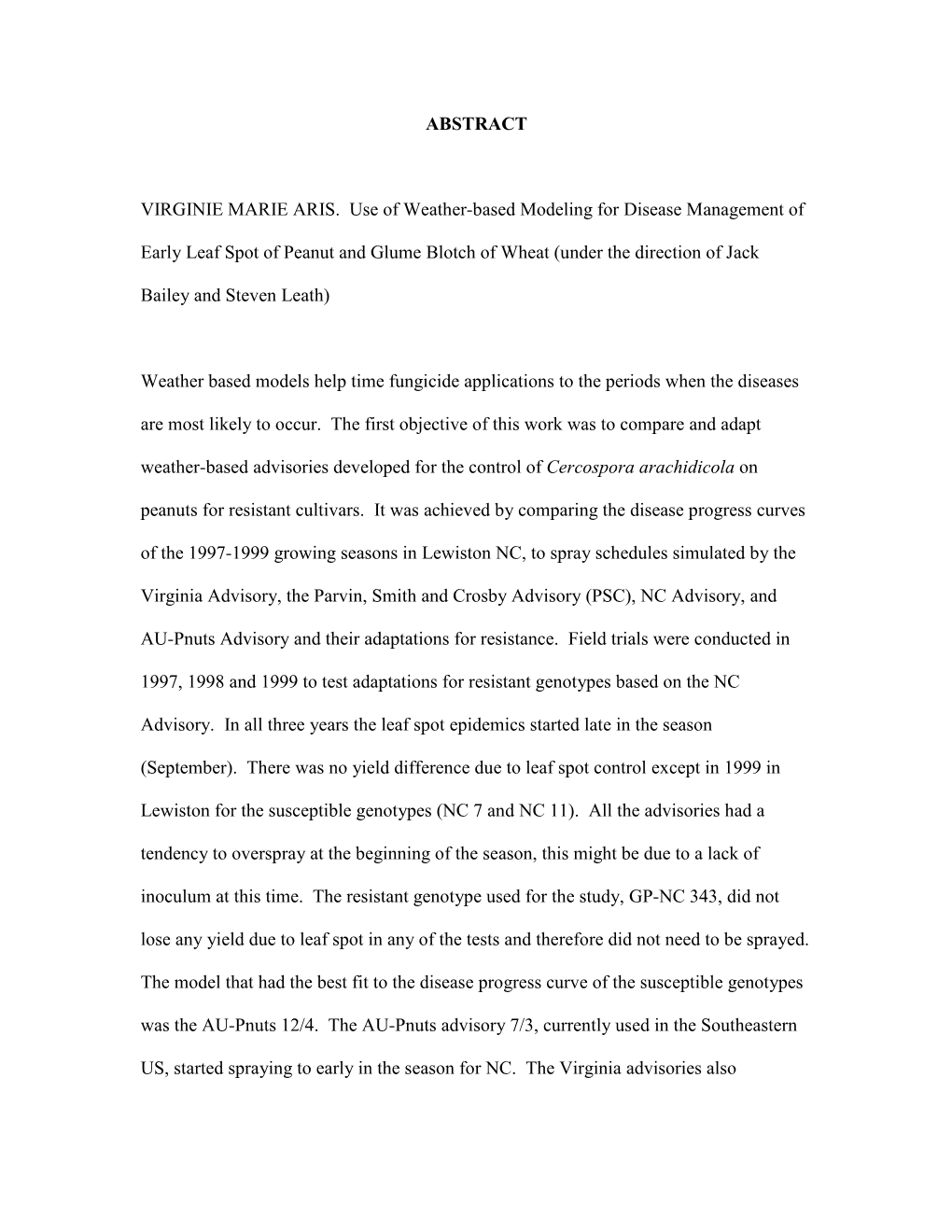 Weather Models for the Control of Cercospora Arachidicola On