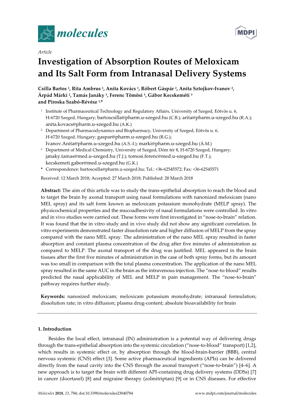 Investigation of Absorption Routes of Meloxicam and Its Salt Form from Intranasal Delivery Systems