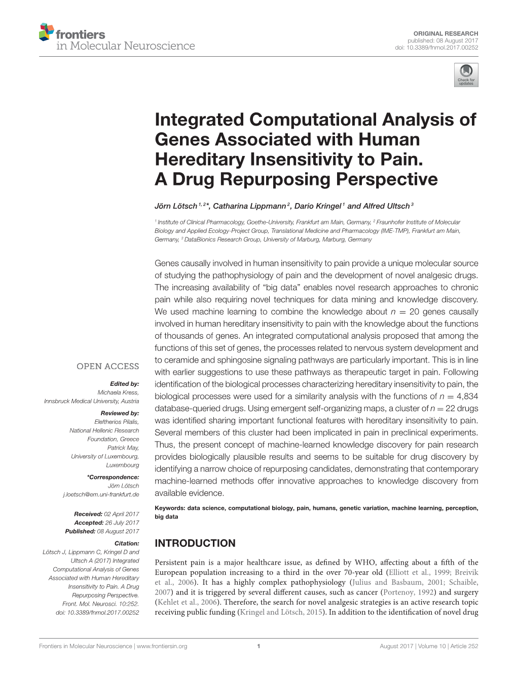 Integrated Computational Analysis of Genes Associated with Human Hereditary Insensitivity to Pain