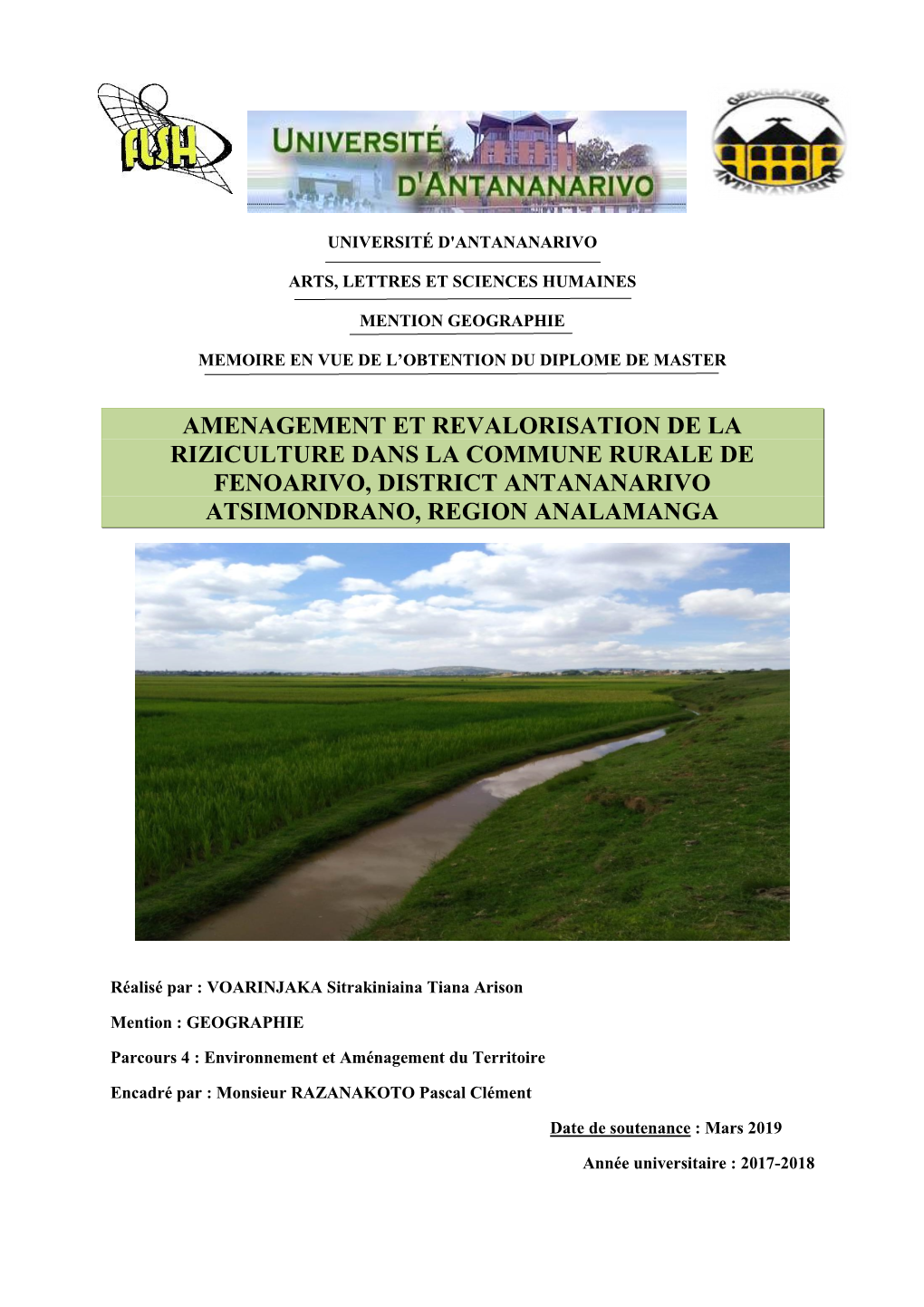 Amenagement Et Revalorisation De La Riziculture Dans La Commune Rurale De Fenoarivo, District Antananarivo Atsimondrano, Region Analamanga