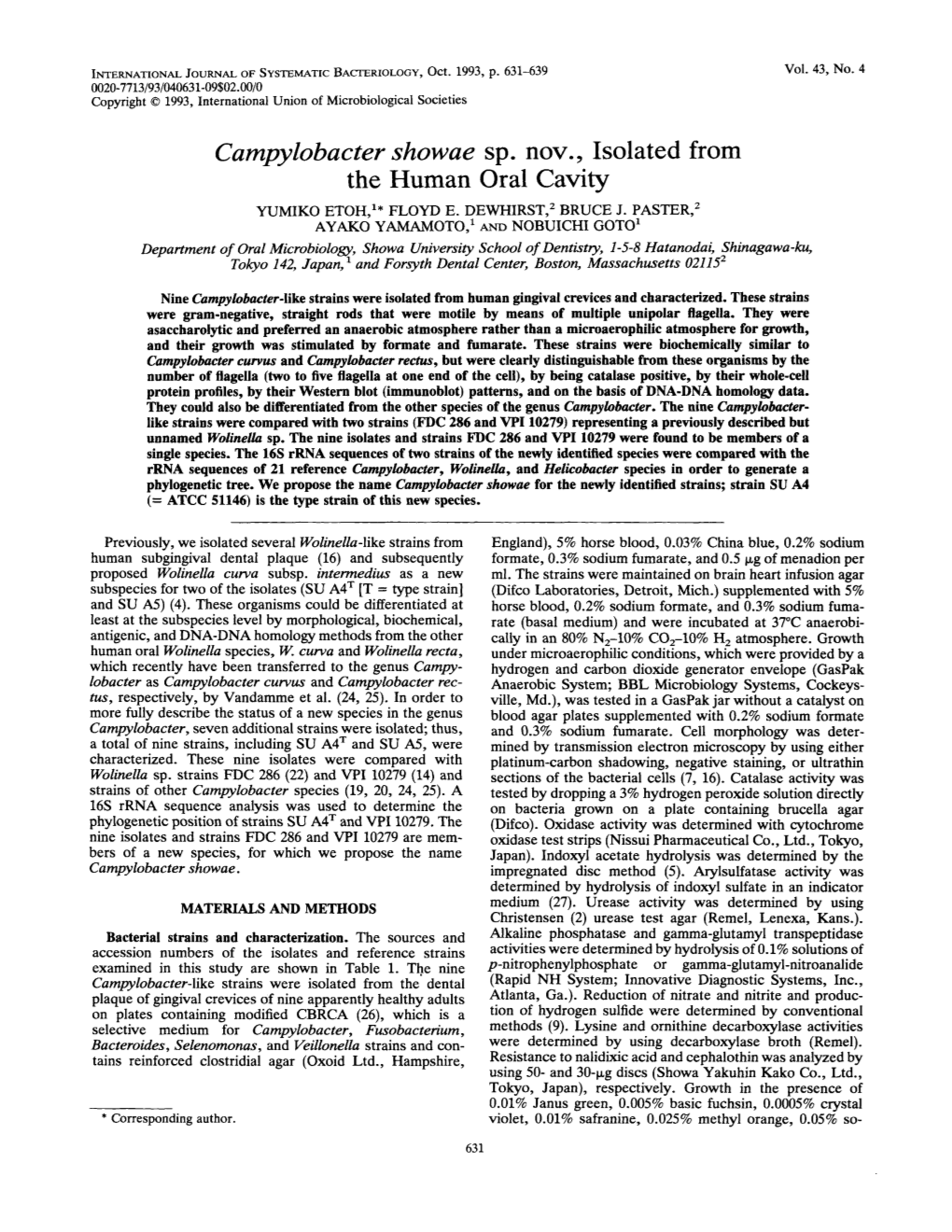 Campylobacter the Showae Human Sp. Nov., Isolated Oral Cavity From