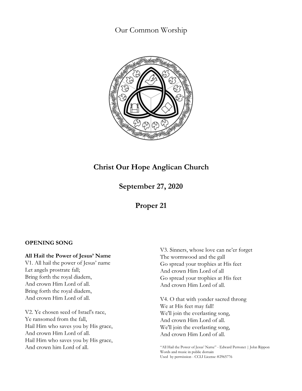 Our Common Worship Christ Our Hope Anglican Church September