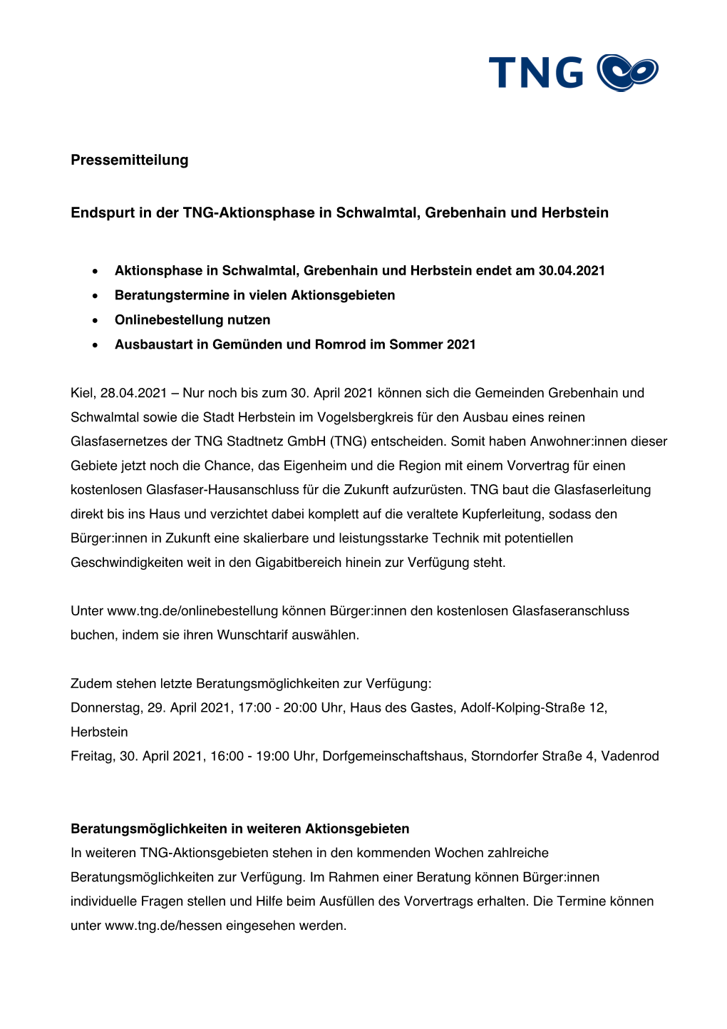 Pressemitteilung Endspurt in Der TNG-Aktionsphase in Schwalmtal
