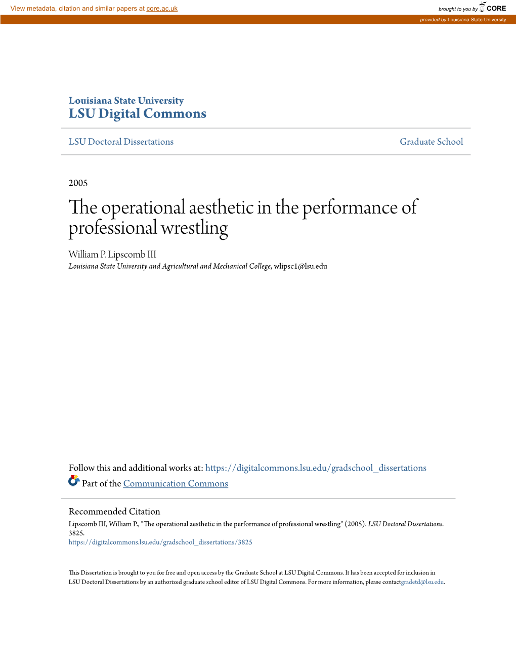 The Operational Aesthetic in the Performance of Professional Wrestling William P