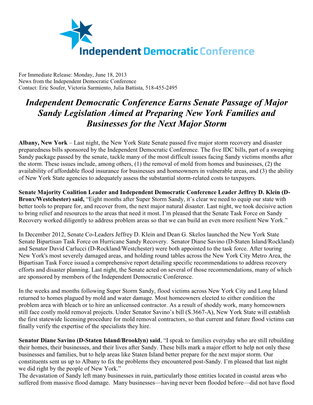 Independent Democratic Conference Earns Senate Passage of Major Sandy Legislation Aimed at Preparing New York Families and Businesses for the Next Major Storm