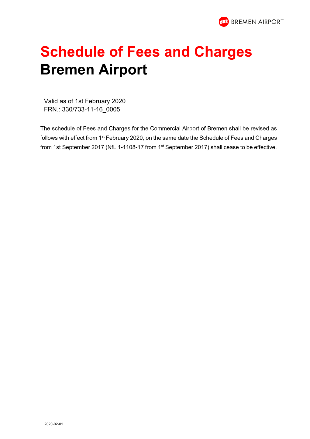 Schedule of Fees and Charges Bremen Airport