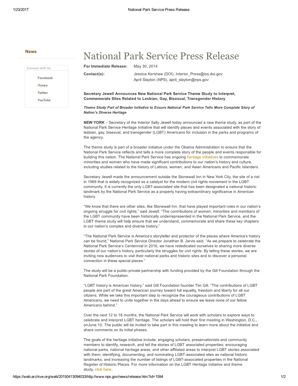 National Park Service Press Release