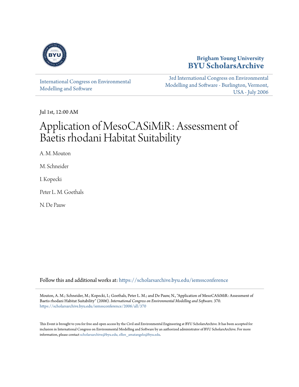 Assessment of Baetis Rhodani Habitat Suitability A