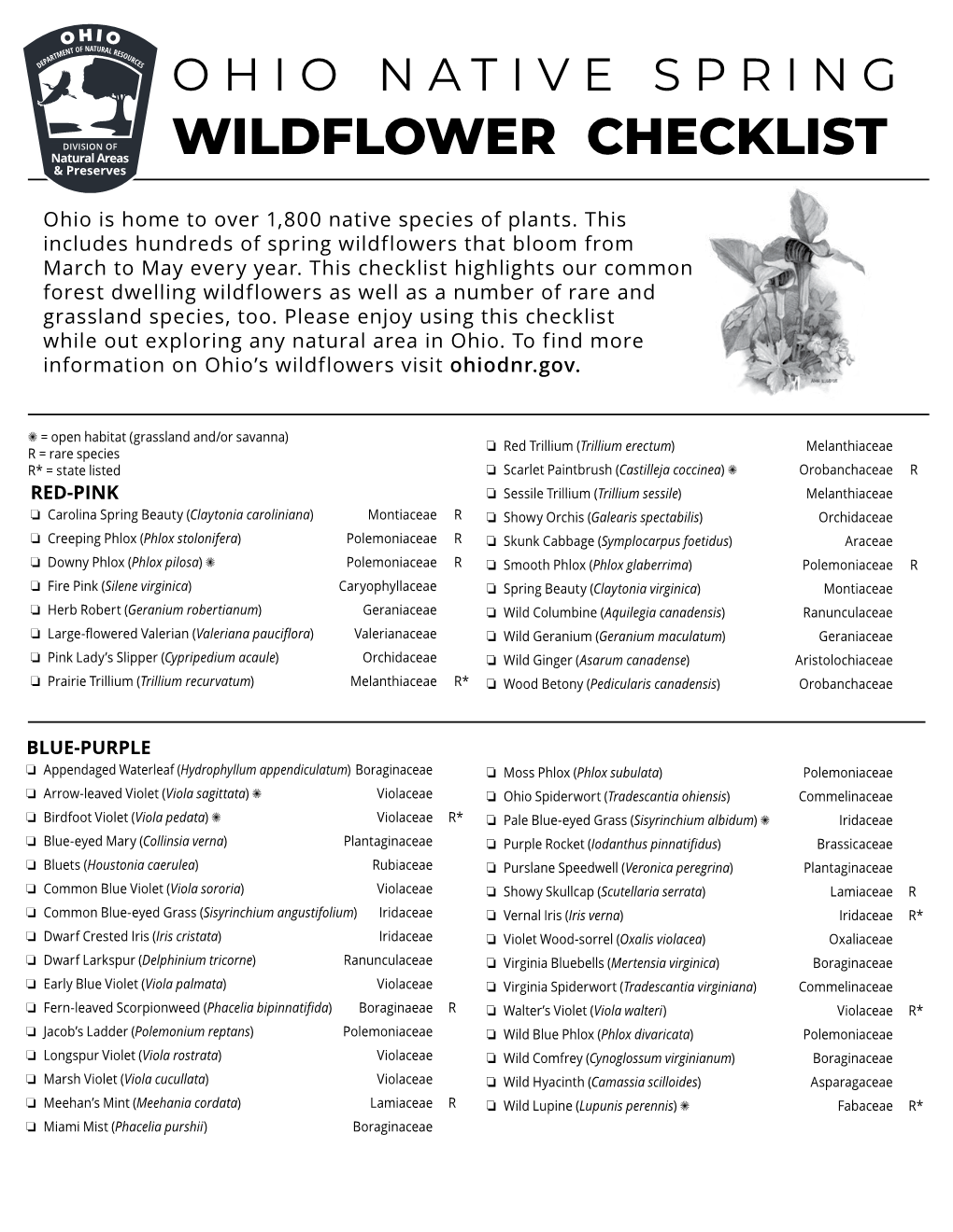 Ohio Native Spring Wildflower Checklist