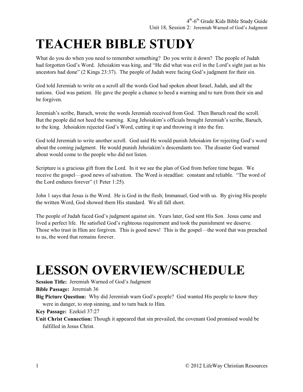 Teacher Bible Study Lesson Overview/Schedule