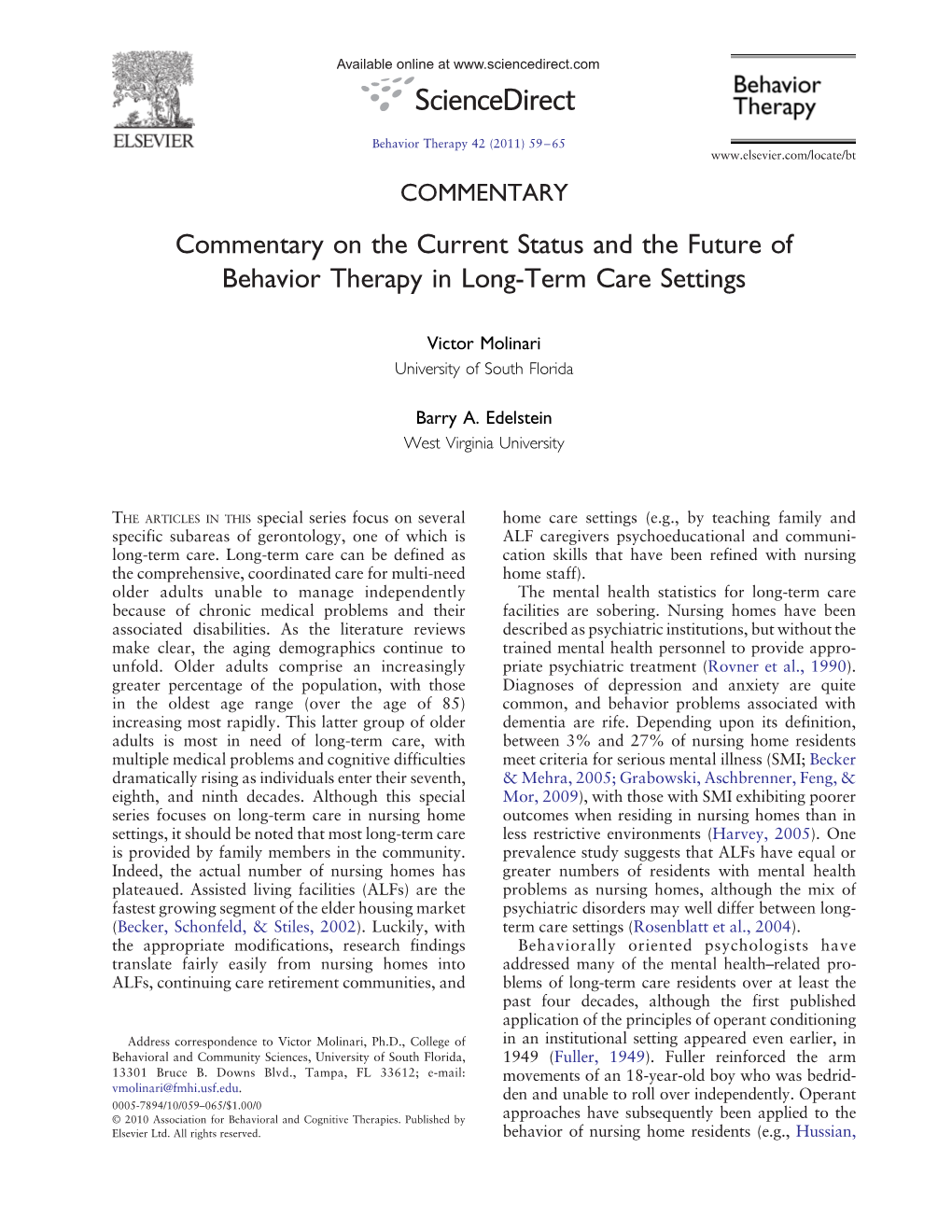 Commentary on the Current Status and the Future of Behavior Therapy in Long-Term Care Settings