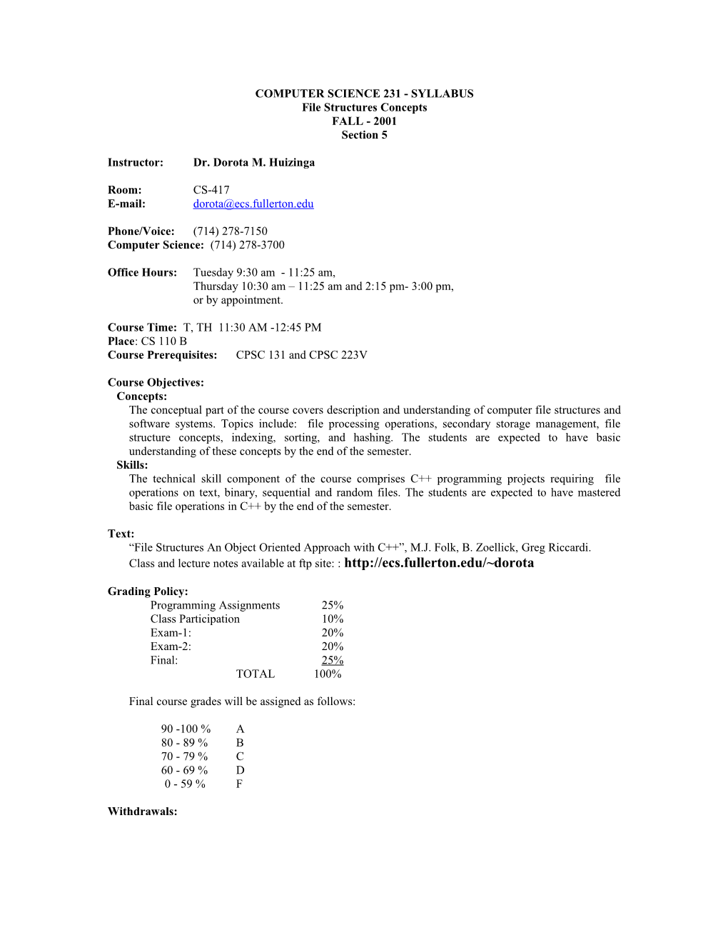 Computer Science 231 - Syllabus