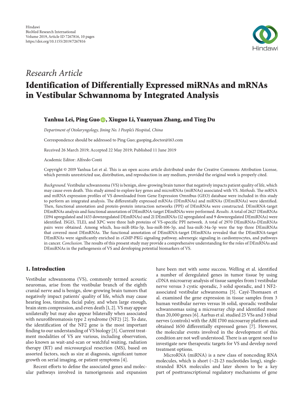 Identification of Differentially Expressed Mirnas and Mrnas in Vestibular Schwannoma by Integrated Analysis