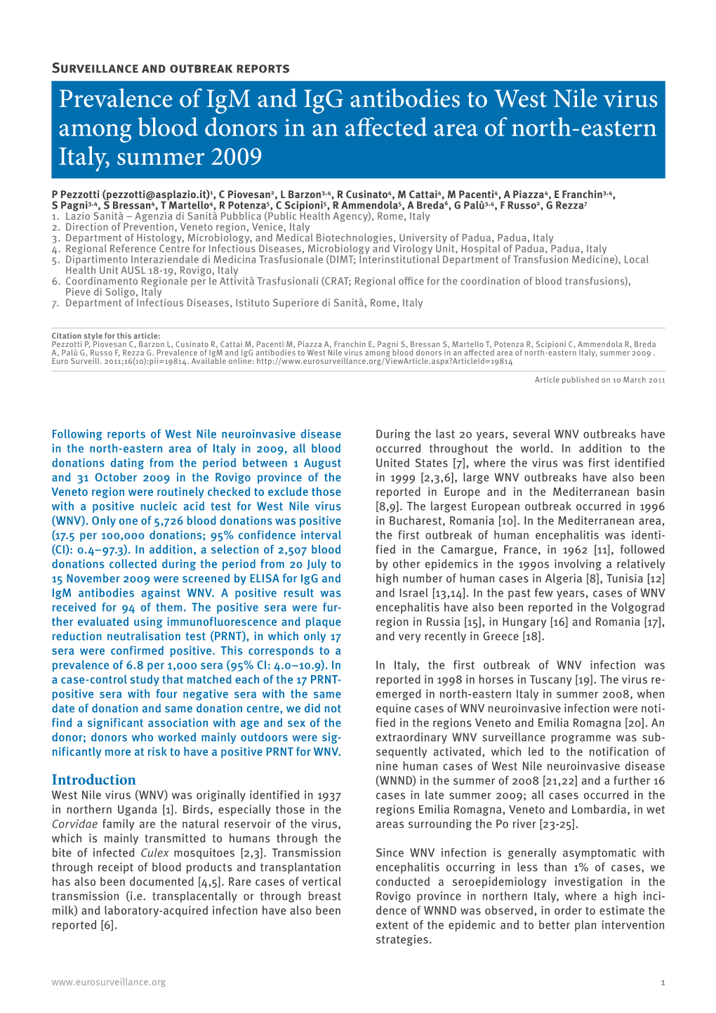 Prevalence of Igm and Igg Antibodies to West Nile Virus Among Blood Donors in an Affected Area of North-Eastern Italy, Summer 2009