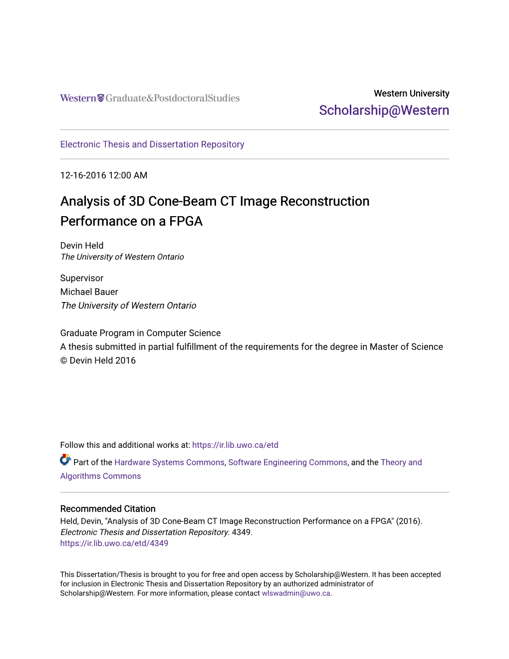 Analysis of 3D Cone-Beam CT Image Reconstruction Performance on a FPGA
