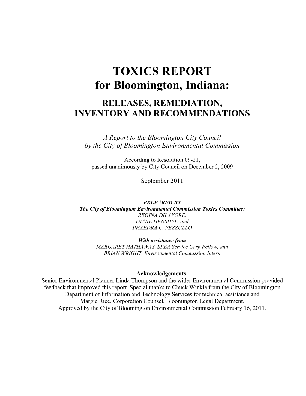 TOXICS REPORT for Bloomington, Indiana