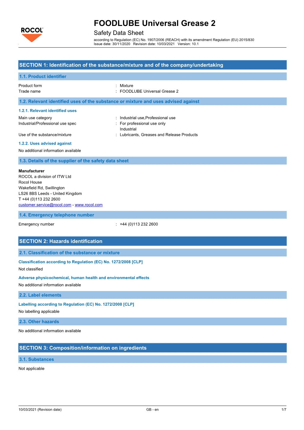 FOODLUBE Universal Grease 2 Safety Data Sheet According to Regulation (EC) No