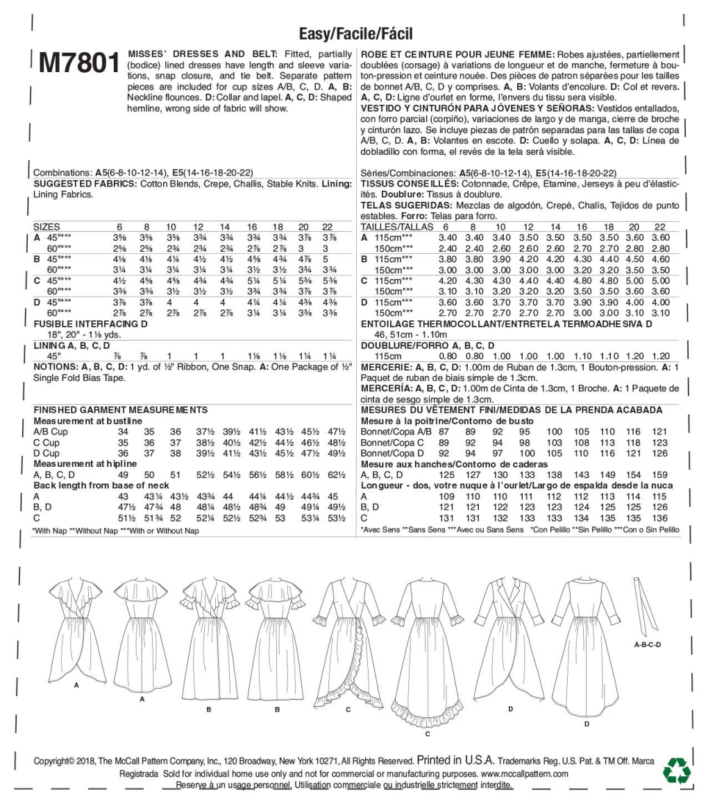 Mccalls 7801 Pattern Details and Fabric Requirements