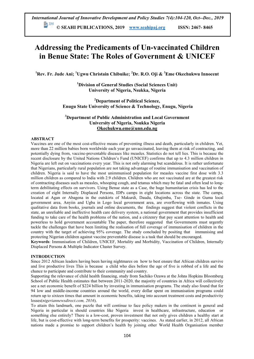 Addressing the Predicaments of Un-Vaccinated Children in Benue State: the Roles of Government & UNICEF