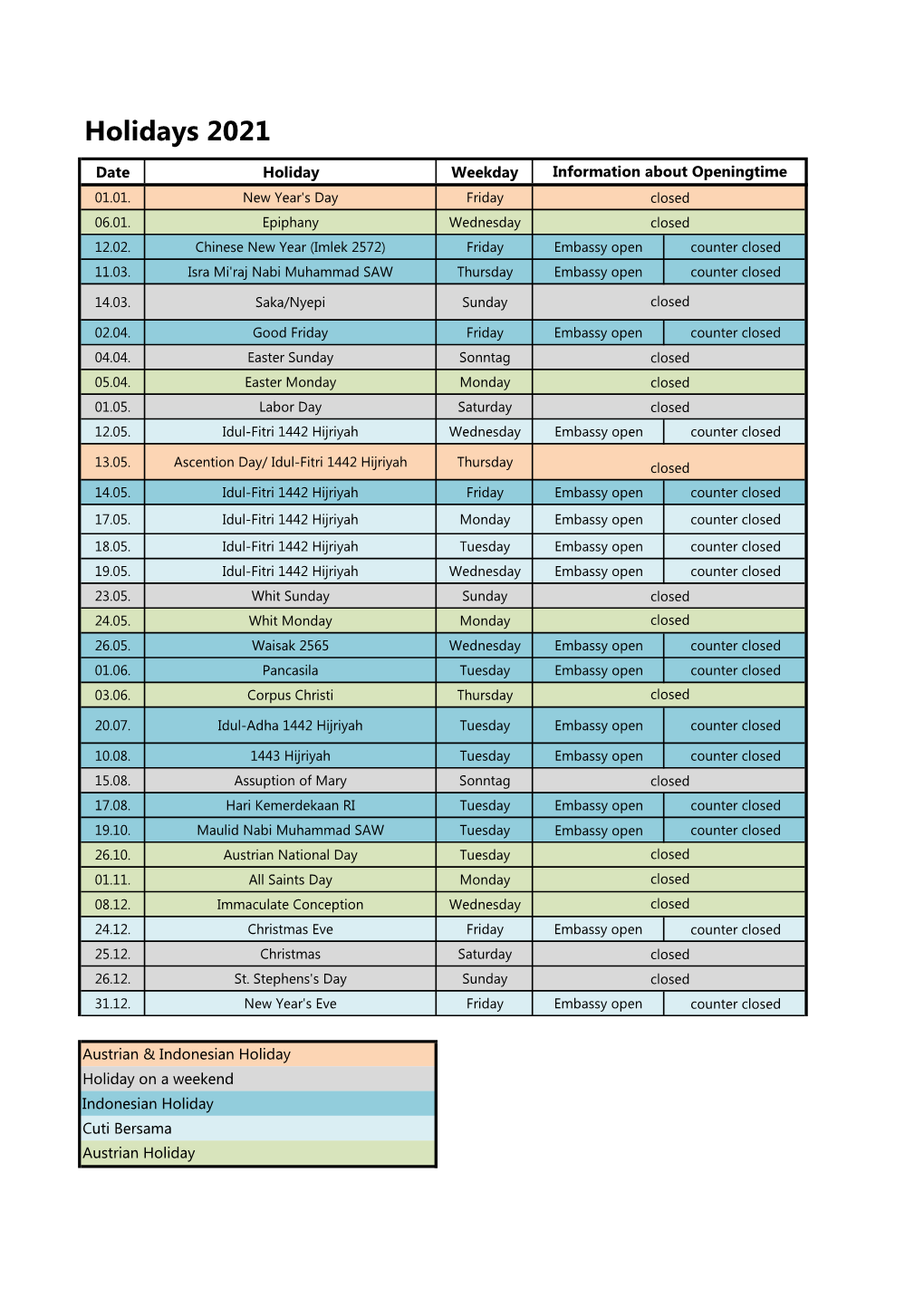 Public Holidays 2021