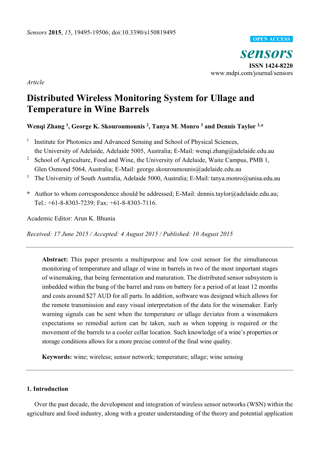 Distributed Wireless Monitoring System for Ullage and Temperature in Wine Barrels