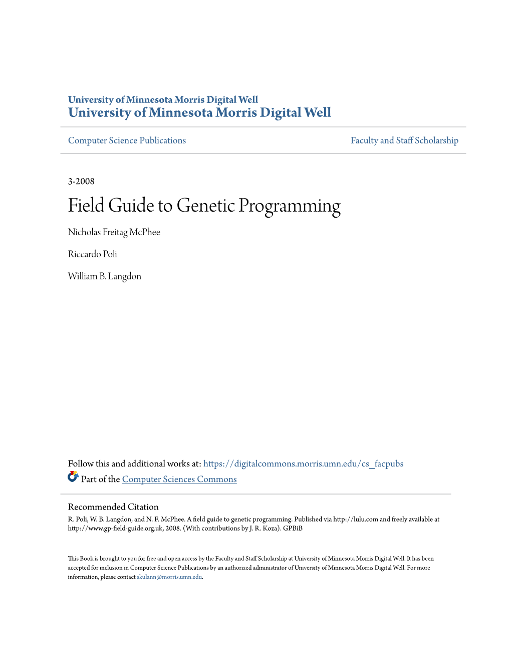 Field Guide to Genetic Programming Nicholas Freitag Mcphee