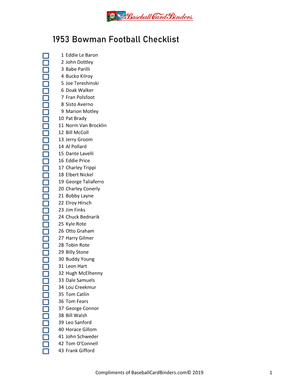 1953 Bowman Football Checklist