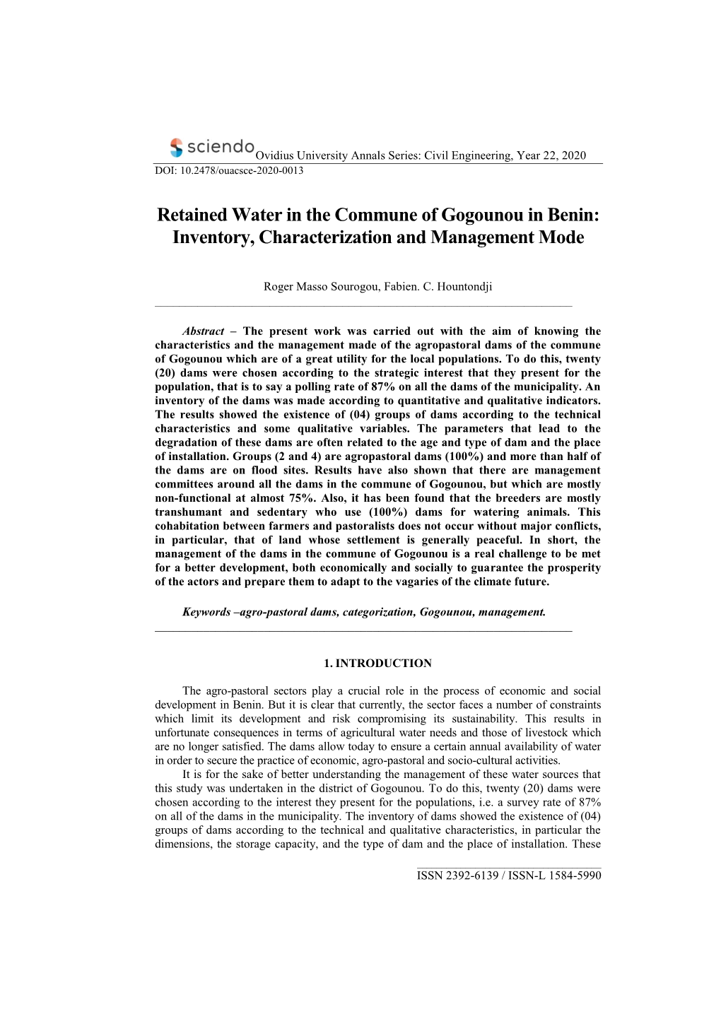 Retained Water in the Commune of Gogounou in Benin: Inventory, Characterization and Management Mode