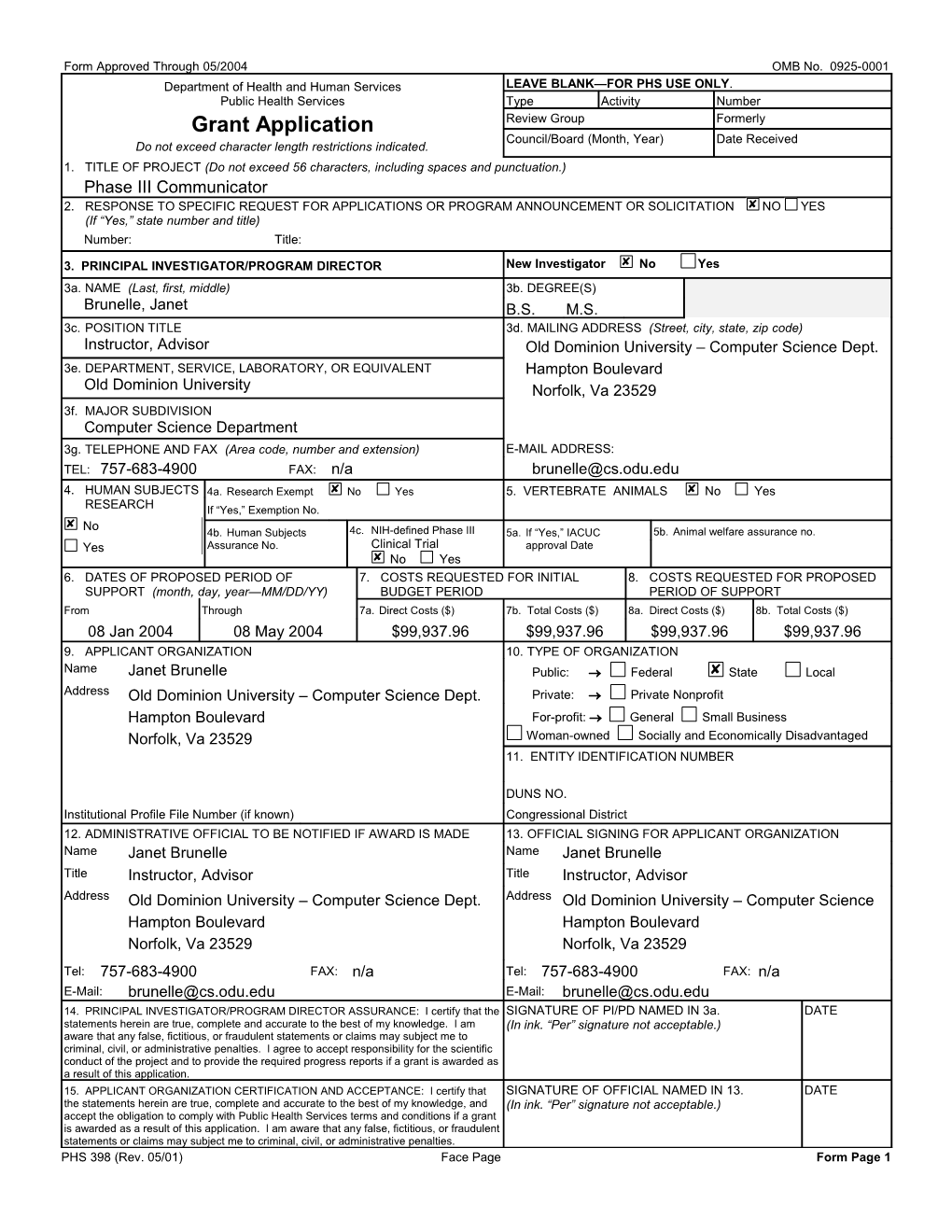 PHS 398 (Rev. 05/01) Face Page Form Page 1