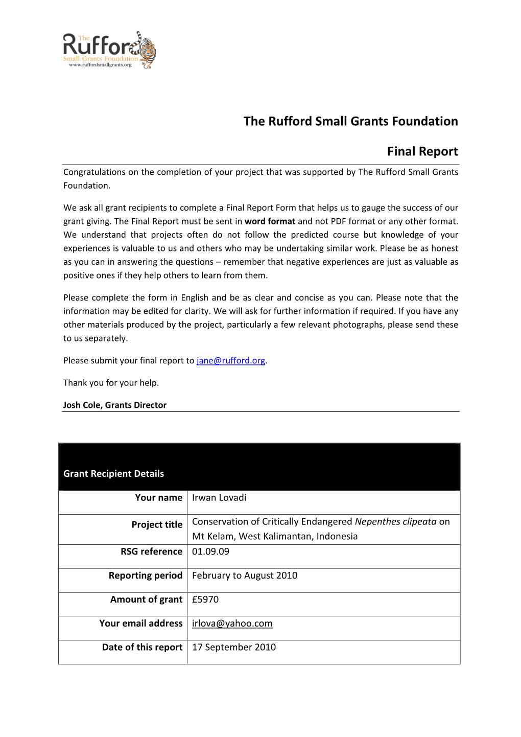 The Rufford Small Grants Foundation Final Report