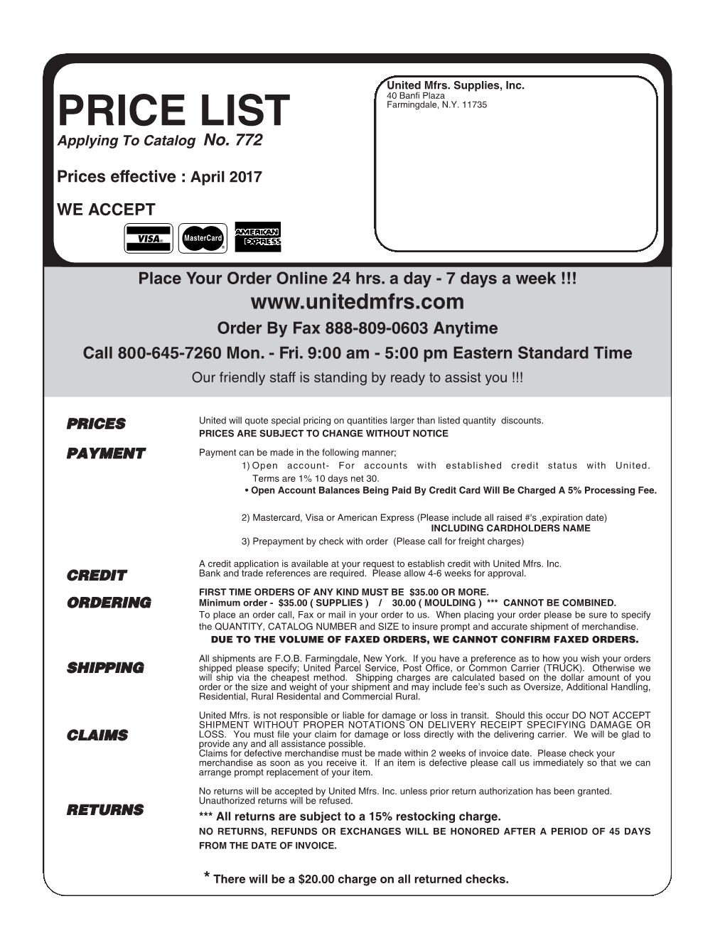 PRICE LIST Farmingdale, N.Y