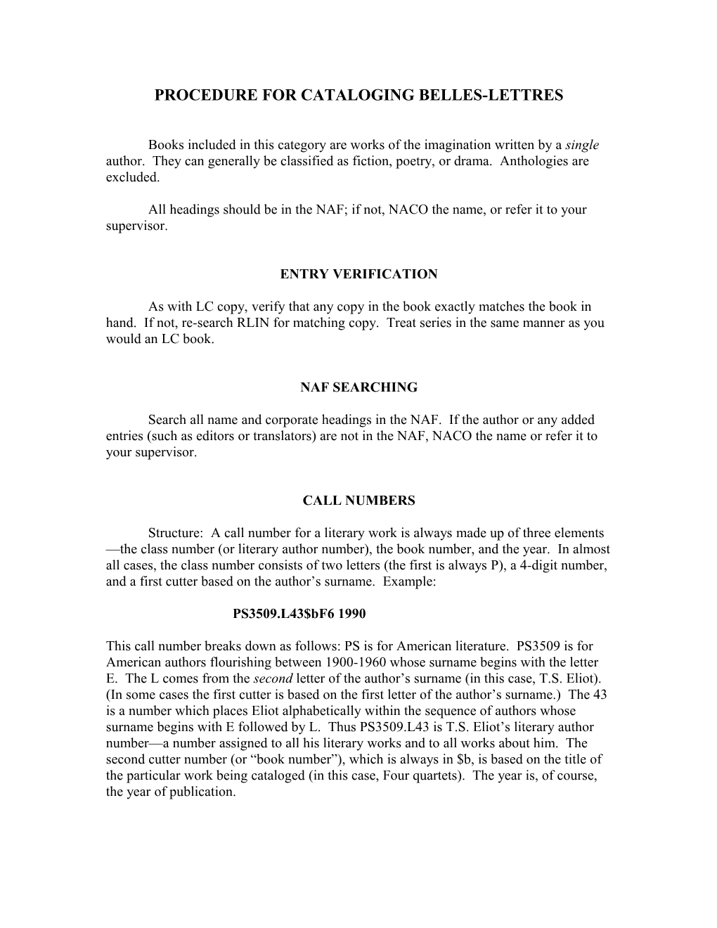 Procedure for Cataloging Belles-Lettres