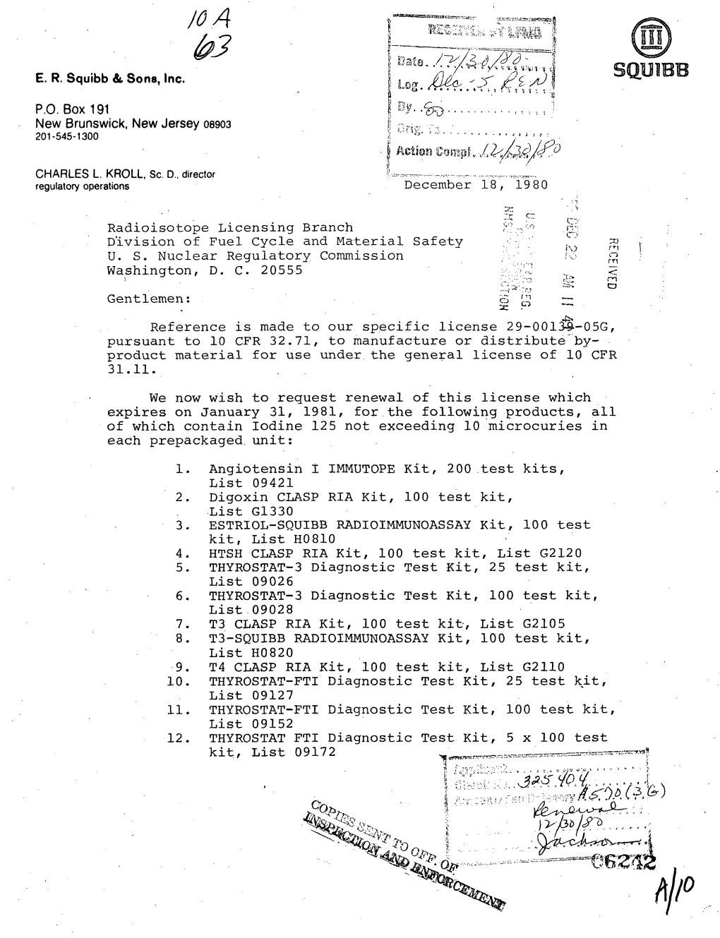 Squibb, Charles L. Kroll, Subject: Radioisotope Licensing